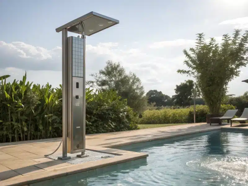 douche solaire à côté d'une piscine