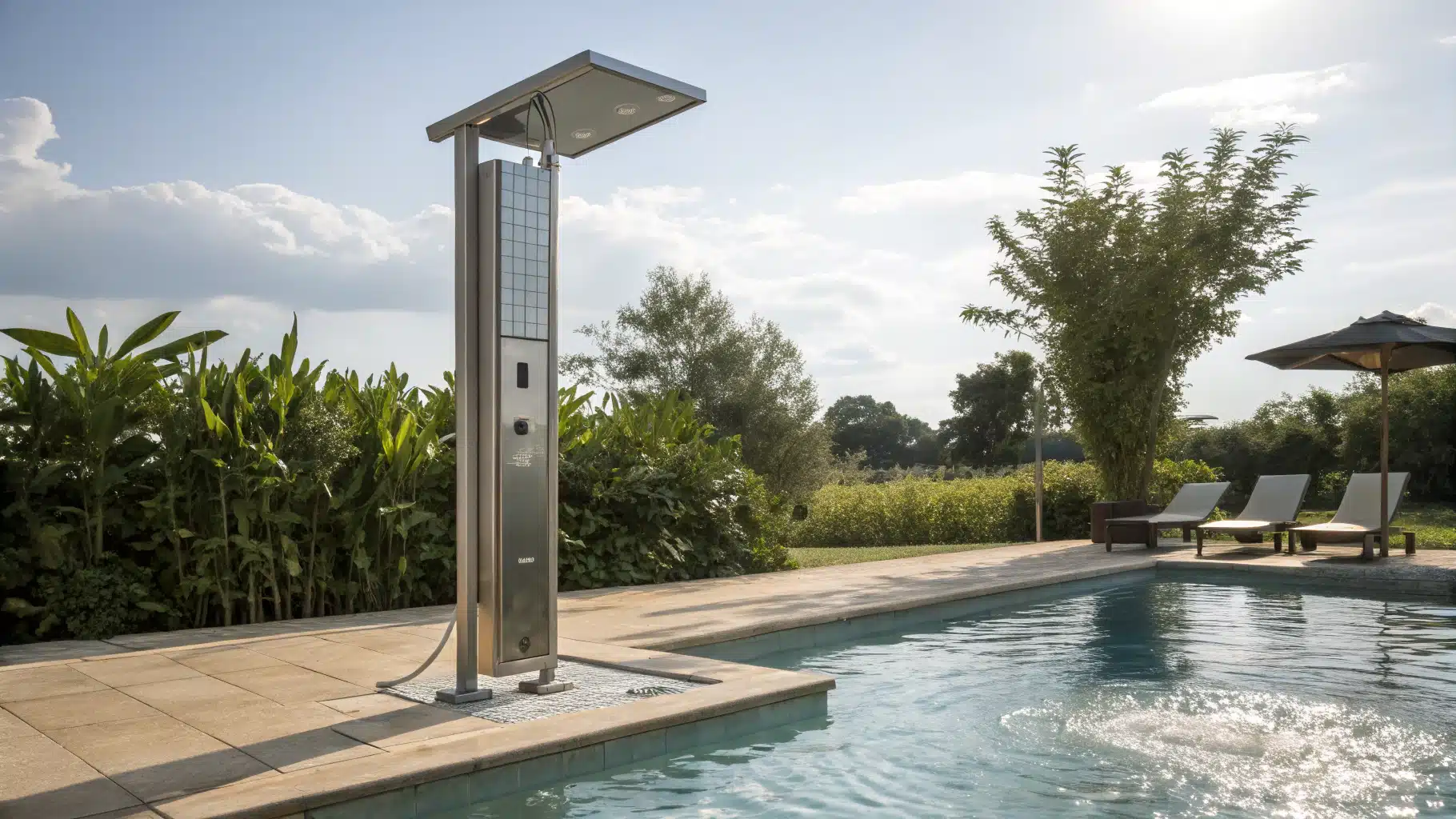 douche solaire à côté d'une piscine