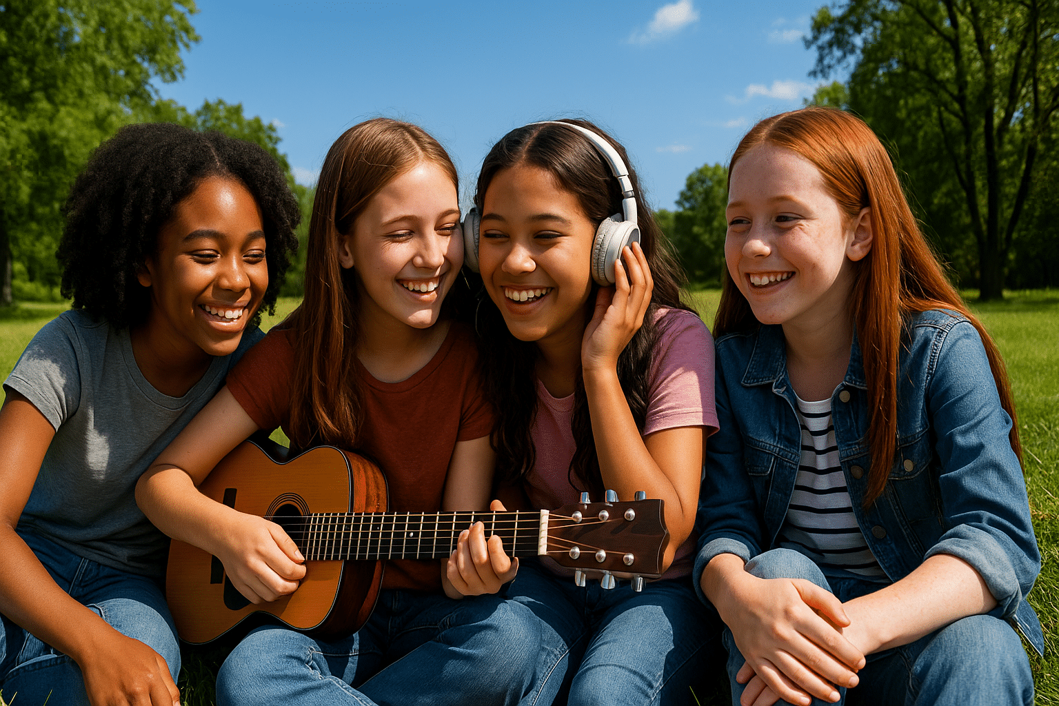 groupe de jeunes filles de balieue qui écoutent de la musique ensemble